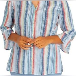 Alfred Dunner Women’s Medium Striped Button-Down Shirt | Ruffled Sleeves, Spring
